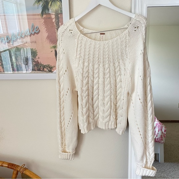 Free People Sandre Cable Knit Cropped Sweater in Cream Ivory White Size XL - Picture 5 of 8
